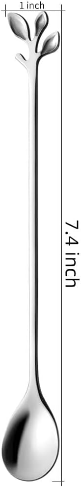 AnSaw 6-Piece Elegant Silver Leaf Long Handle Teaspoons - 7.4" Stainless Steel Stir Spoons for Coffee & Tea, Perfect for Mixing & Stirring