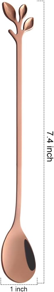 AnSaw 6-Piece Elegant Rose Gold Leaf Long Handle Teaspoons - 7.4" Stainless Steel Stir Spoons for Coffee & Tea, Perfect for Mixing & Stirring