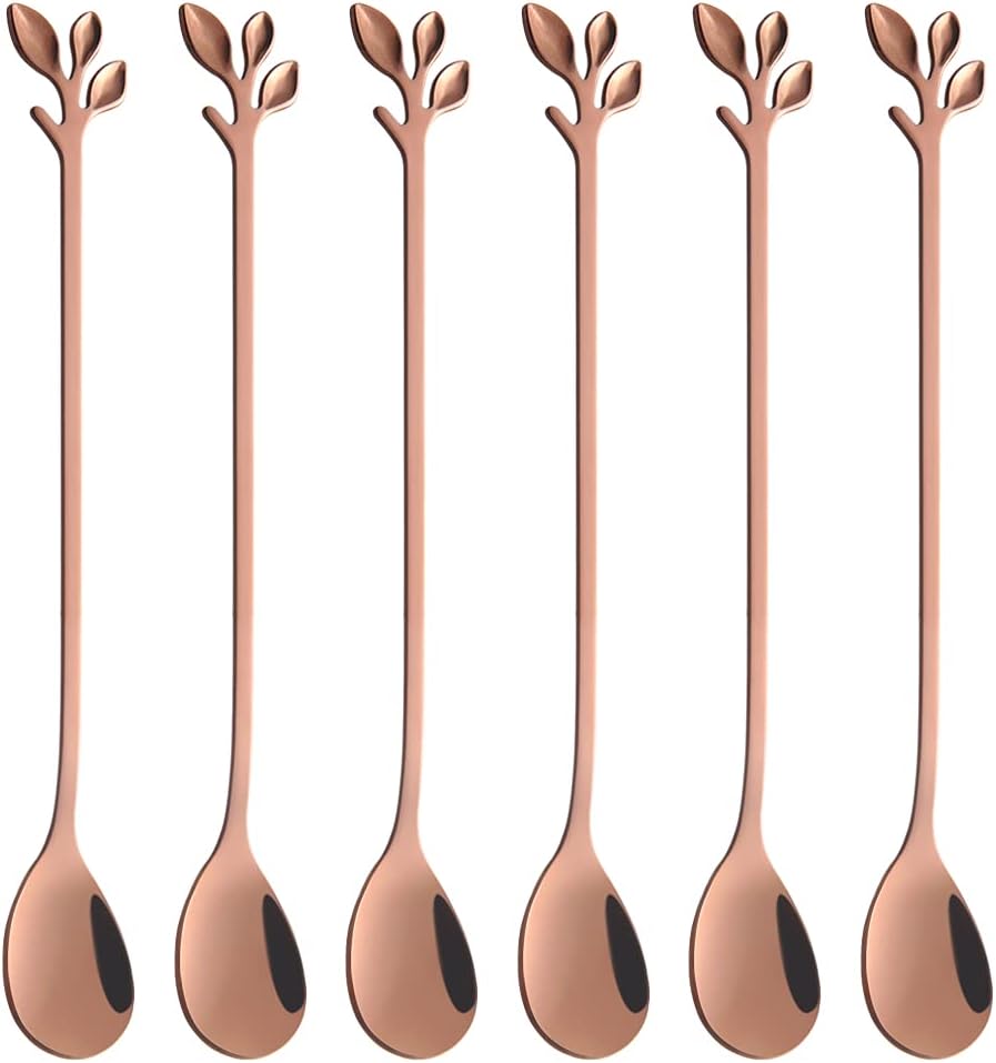 AnSaw 6-Piece Elegant Rose Gold Leaf Long Handle Teaspoons - 7.4" Stainless Steel Stir Spoons for Coffee & Tea, Perfect for Mixing & Stirring