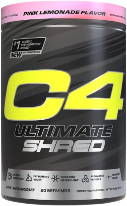 Cellucor C4 Ultimate Shred Pre Workout Powder, Metabolism Supplement with Cayenne Extract+300mg Caffeine+TeaCrine+Dynamine - Pink Lemonade, 20 Servings