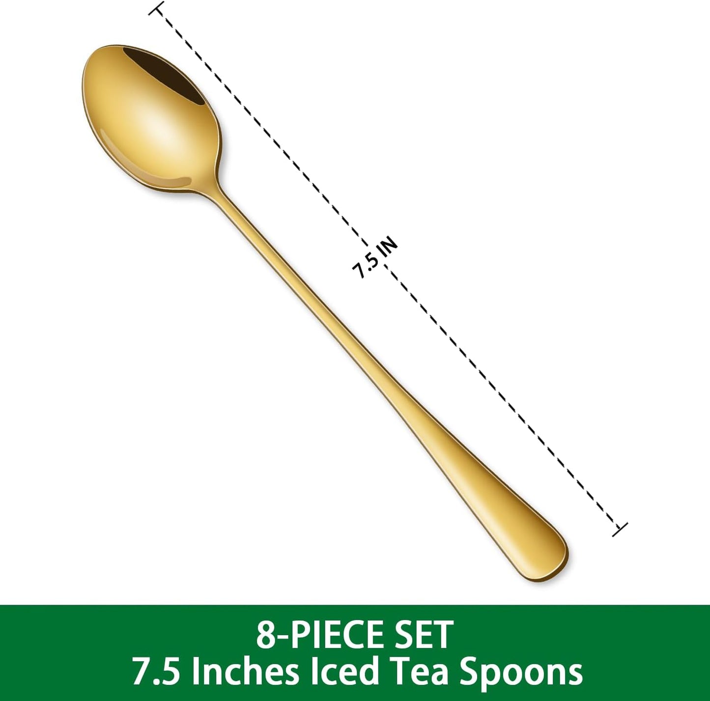 Gold 7.5 Inch Gold Iced Tea Spoons,Set Of 8 Stainless Steel Long Coffee Spoons,Long Handle Stirring Spoon For Dessert,Coctails,Ice Cream,Milk,Iced Teaspoons For Bar