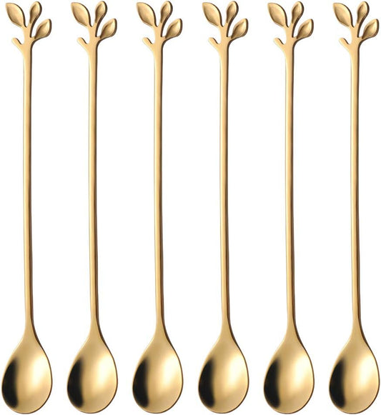 AnSaw 6-Piece Elegant Gold Leaf Long Handle Teaspoons - 7.4" Stainless Steel Stir Spoons for Coffee & Tea, Perfect for Mixing & Stirring