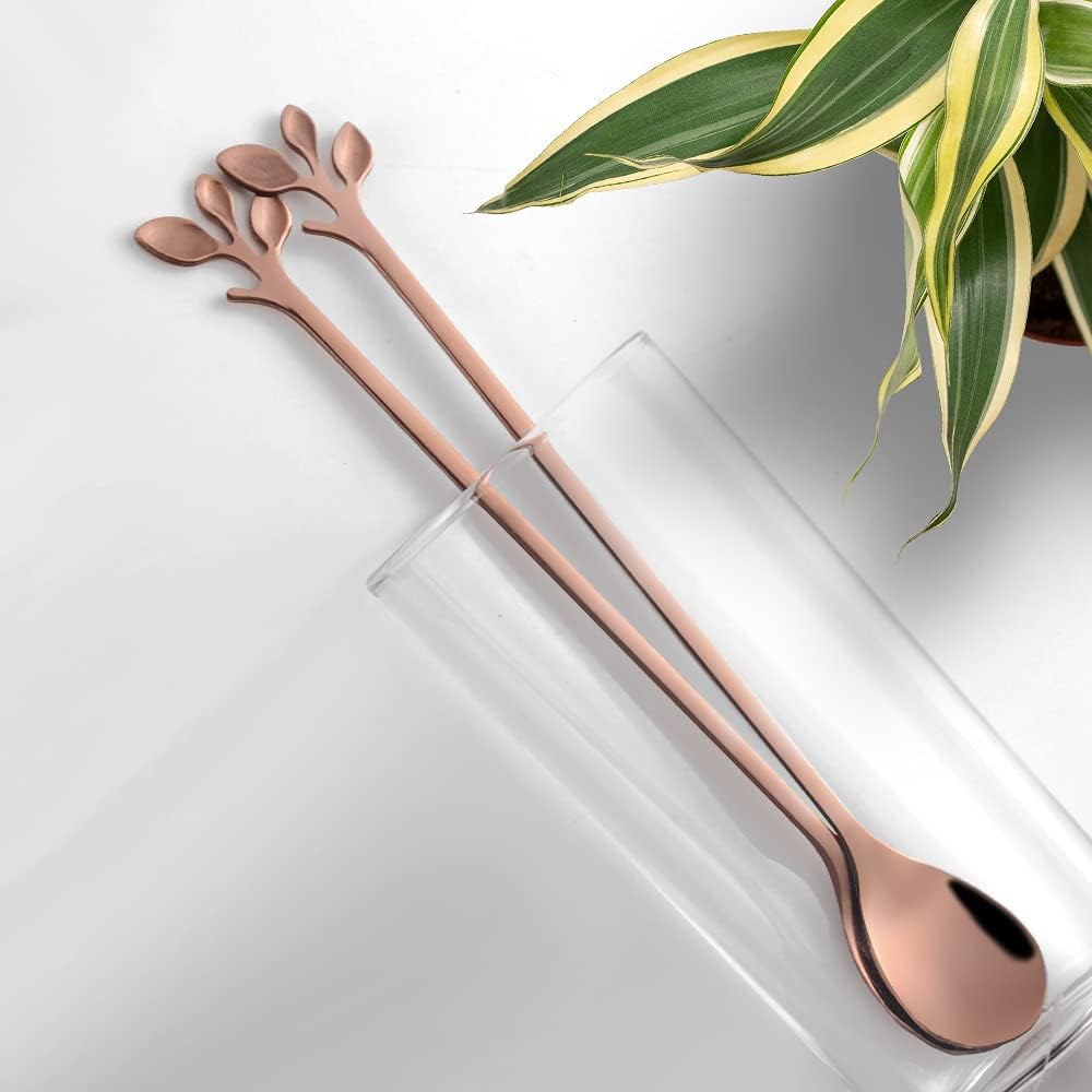 AnSaw 6-Piece Elegant Rose Gold Leaf Long Handle Teaspoons - 7.4" Stainless Steel Stir Spoons for Coffee & Tea, Perfect for Mixing & Stirring