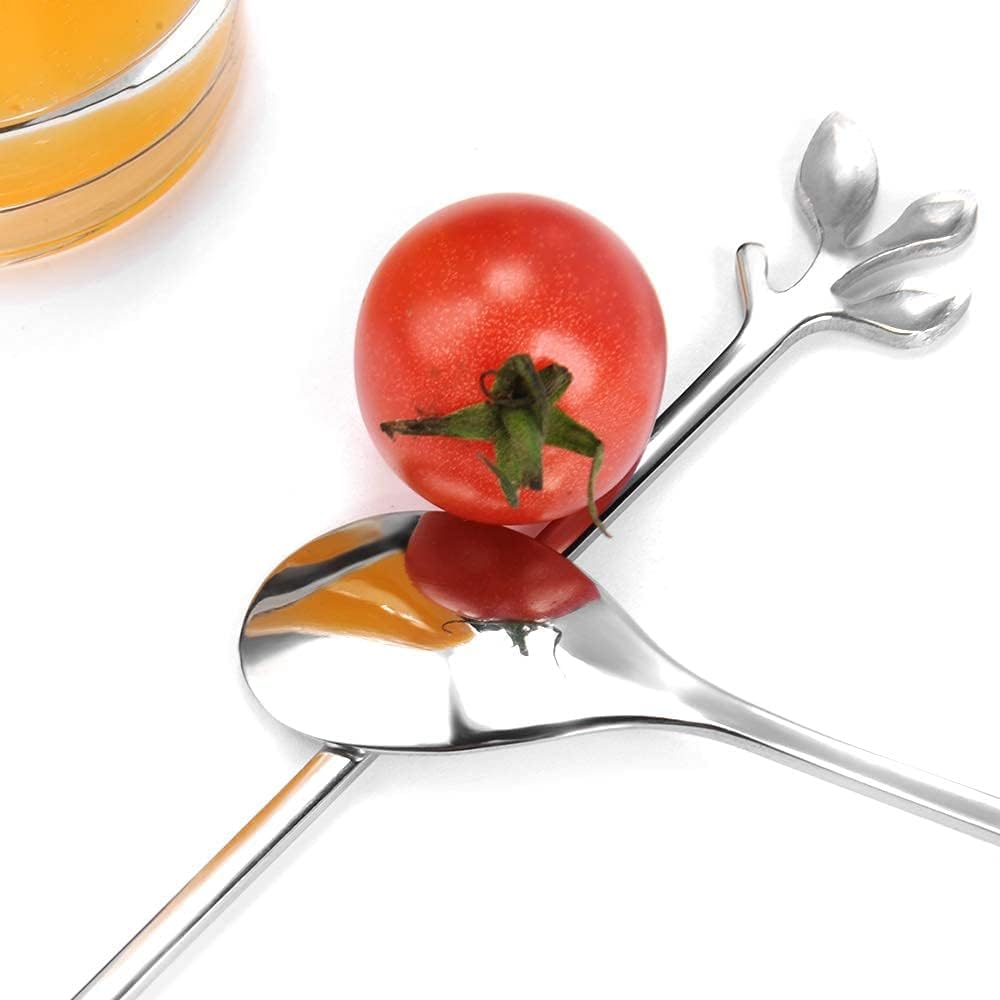 AnSaw 6-Piece Elegant Silver Leaf Long Handle Teaspoons - 7.4" Stainless Steel Stir Spoons for Coffee & Tea, Perfect for Mixing & Stirring