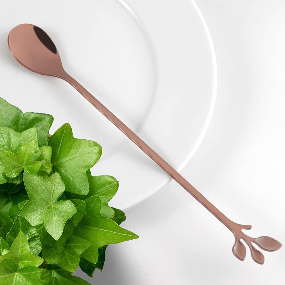 AnSaw 6-Piece Elegant Rose Gold Leaf Long Handle Teaspoons - 7.4" Stainless Steel Stir Spoons for Coffee & Tea, Perfect for Mixing & Stirring