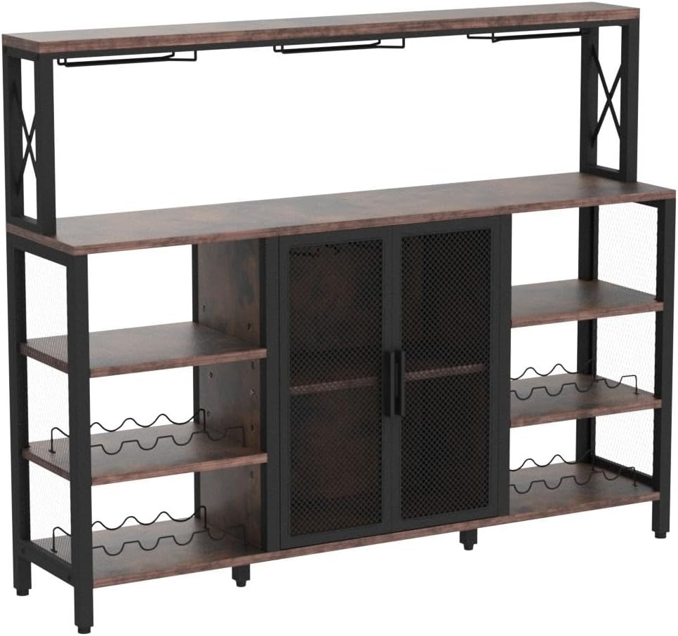 Bar Cabinet, 55 Inches Kitchen Sideboard Buffet Cabinet with Wine Rack Storage, Industry Coffee Bar Cabinet with Wine Rack and Glass Holder for Liquor and Glasses (Rustic)
