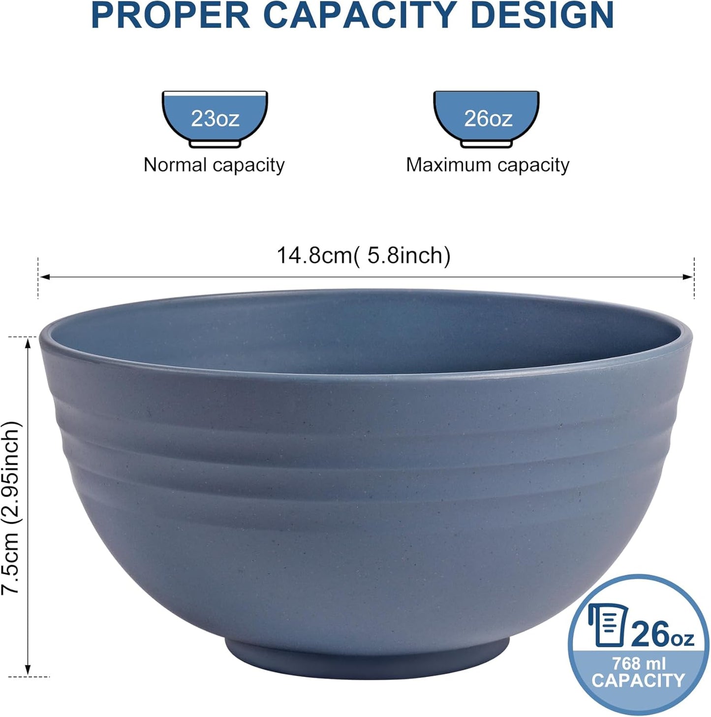 HOTEC BPA Free Unbreakable Wheat Straw Cereal Bowls - Microwave & Dishwasher Safe Soup and Salad Bowls, Set of 8, 26oz, Classic Blue