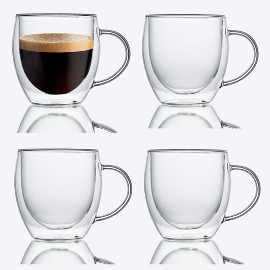 ZONEYILA Double Walled Glass Coffee Mugs 8oz, Insulated Borosilicate Glass Coffee Cups Set of 4, Clear Glasses Mug with Handle for Espresso, Cappuccino, Tea, Hot Beverages