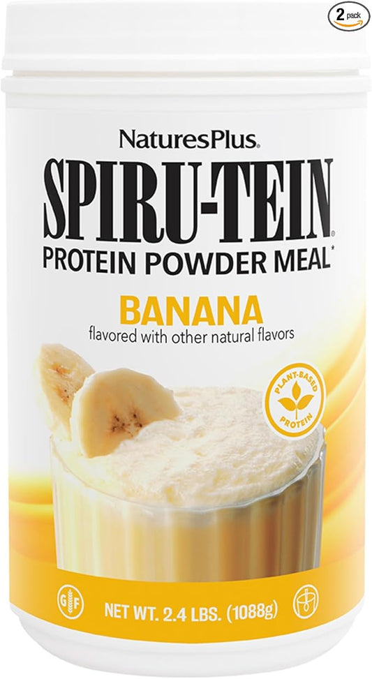 Natures Plus SPIRU-TEIN, Banana - 2.4 lb, Pack of 2 - Plant-Based Protein Shake - Non-GMO, Vegetarian, Gluten Free - 32 Total Servings