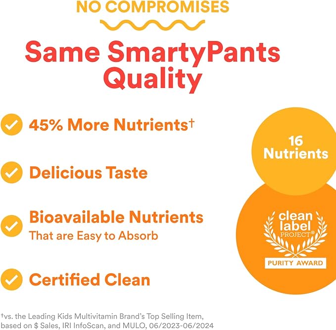 SmartyPants Kids Multivitamin Gummies - Improved Formula: Omega 3 (DHA/EPA), Vitamins D3, C, B12, B6, Vitamin A, K & Zinc, Gluten Free, Three Fruit Flavors, 60 Count (30 Day Supply)