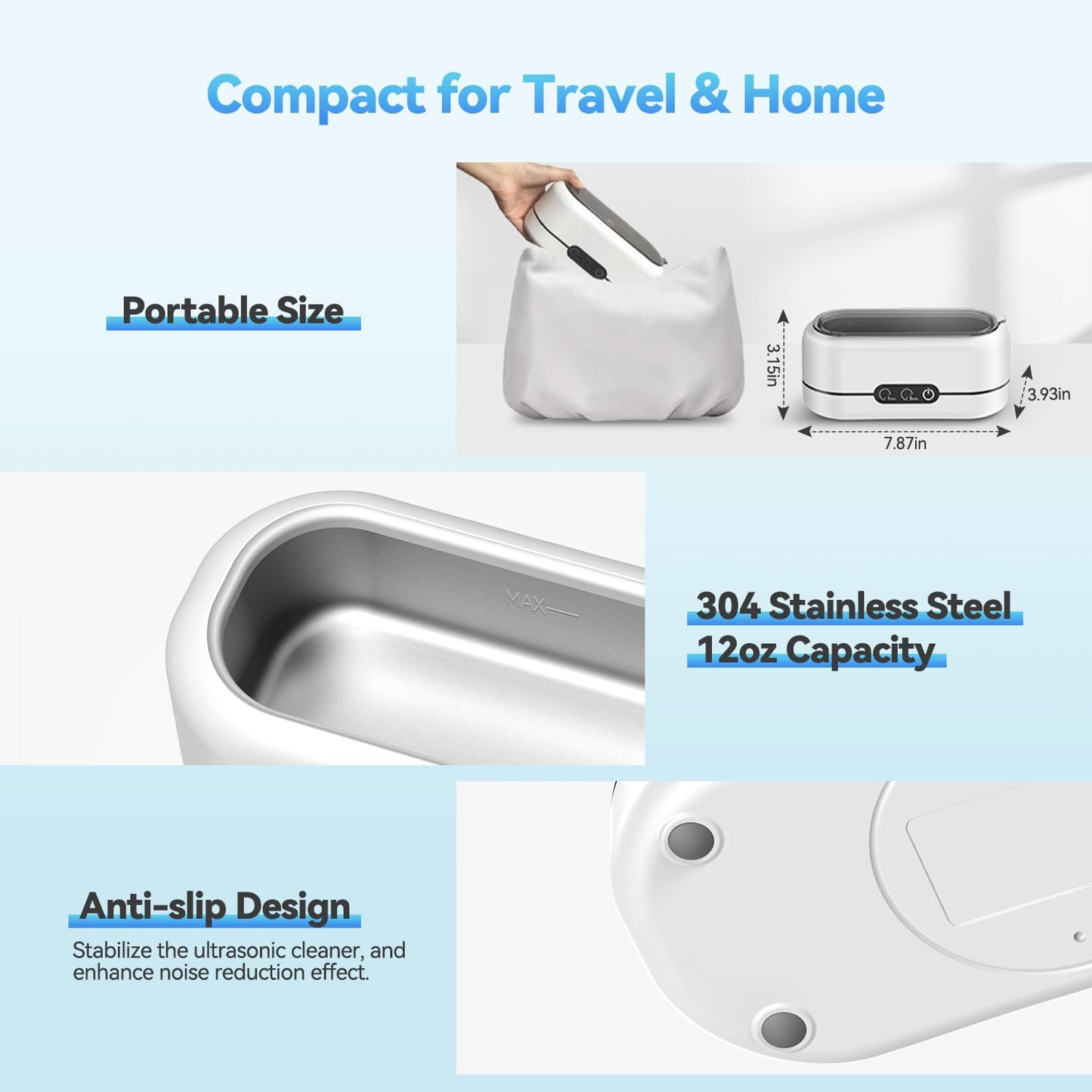 Ultrasonic Jewelry Cleaner, 48KHz Ultrasonic Cleaner Machine for Jewelry, Eyeglasses, Rings, Watch Strap, Dentures- Dual Cleaning Modes, 304 Stainless Steel Tank