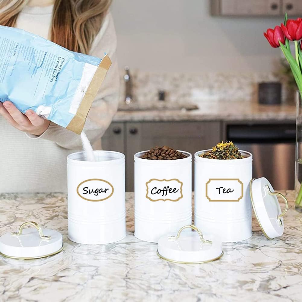 Clear Labels for Jars 180pcs Waterproof Removable Transparent Write-on Label Stickers with Gold Border,Great for Food Container Spice Bottle Condiment Flour Sugar Canisters Storage Bins,Free 2 Markers