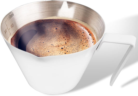 YARRAMATE Stainless Steel Espresso Shot Cup, Double Spout Metal Espresso Measuring Cup with V-Shaped Mouth, Espresso Accessories, 3.4OZ/100ML (White)