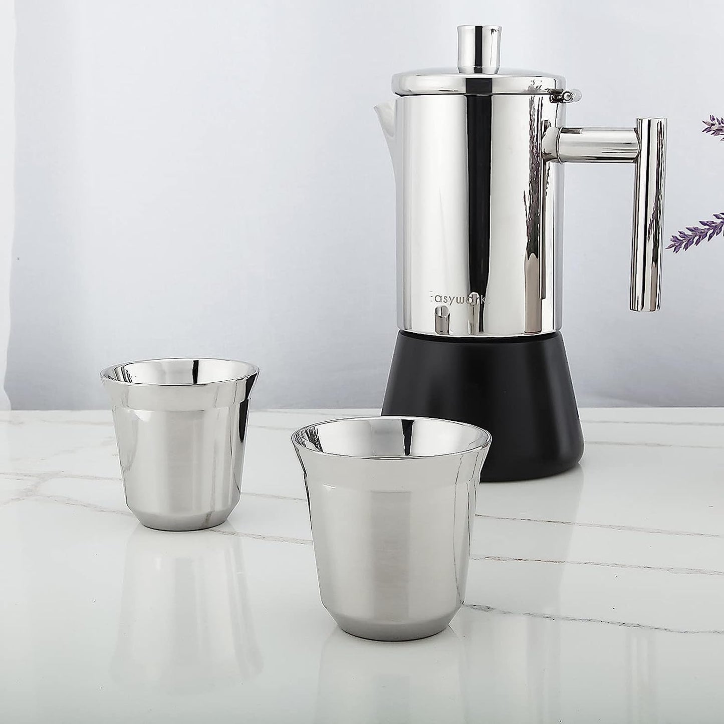 Easyworkz Stainless Steel Espresso Cup 2pcs Set Double Wall Insulated Metal Demitasse Cups 2.5 oz