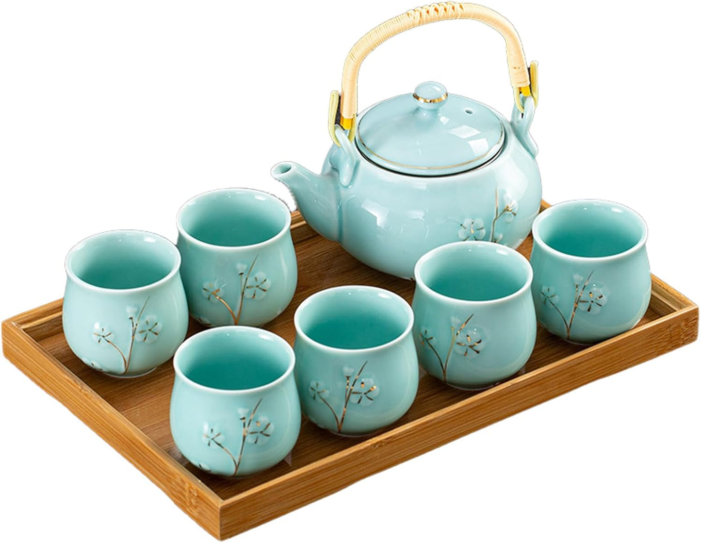 KEYDUACU Japanese Tea Set, Kiln-Formed Ceramic TeaSet, Plum Blossom Embossed, Includes 1 Teapot, 6 Teacups,Tea Tray,Strainer, Used for home, outdoor, gift, Chinese Kung Fu Tea Sets(FDMH-CYAN-MU)
