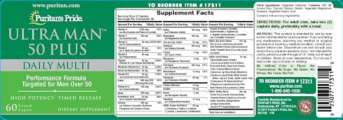 Puritan's Pride High Potency Ultra Man 50 Plus Coated Caplets, 60 Count