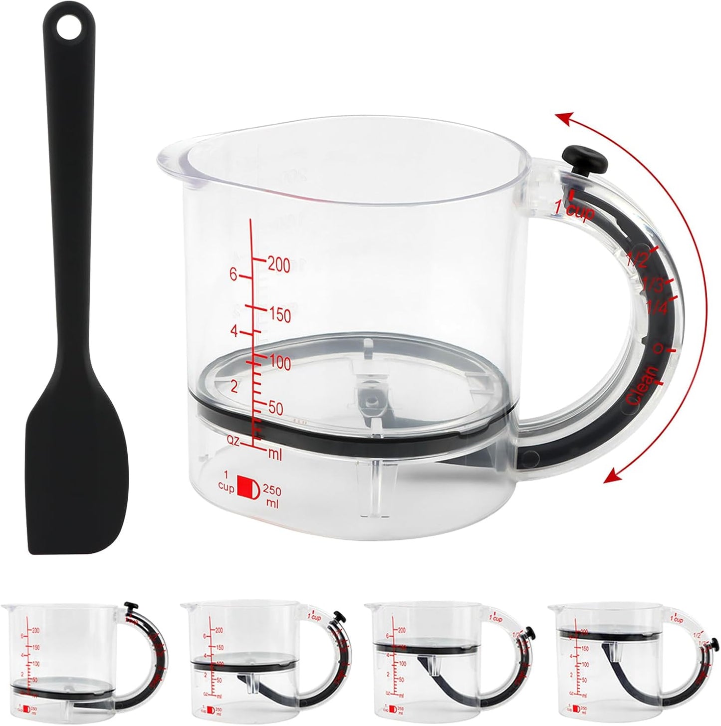 4-in-1 Adjustable Measuring Cup with Silicone Scraper, 250 ml / 1 Cup (¼, ⅓, ½, 1 Cup)