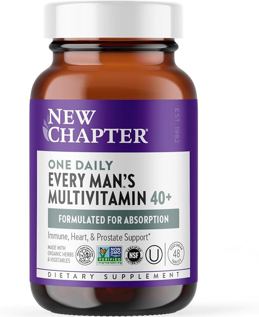 New Chapter Men's Multivitamin 40 Plus for Energy, Heart, Prostate + Immune Support with Fermented Nutrients - Every Man's One Daily 40+, Made with Organic Vegetables & Herbs, Non-GMO - 48 ct