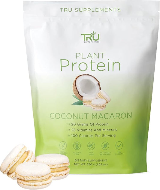 TRU Plant Based Protein Powder, BCAA, EAA, 20g Vegan Protein, 100 Calories, 27 Vitamins, No Artificial Flavors 25 Servings (Coconut Macaron)