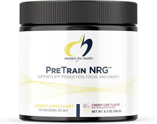 Designs for Health PreTrain NRG Drink Mix - Pre-Workout Powder with Creatine + Green Coffee - Supports Focus, Power + Mental Energy in Athletes - None-GMO, Cherry Lime Flavor (20 Servings / 180g)