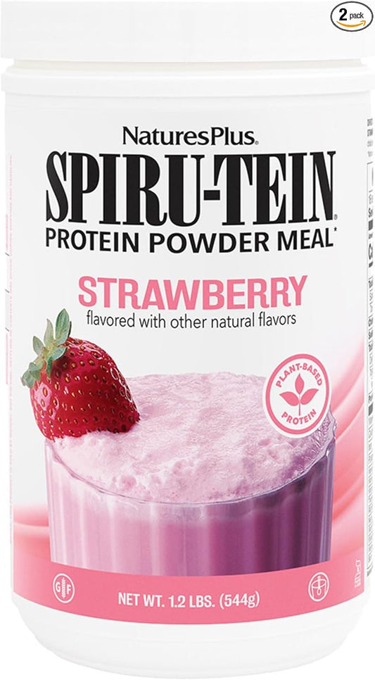 Natures Plus SPIRU-TEIN, Strawberry - 1.2 lbs, Pack of 2 - Plant-Based Protein Shake - Non-GMO, Vegetarian, Gluten Free - 32 Total Servings