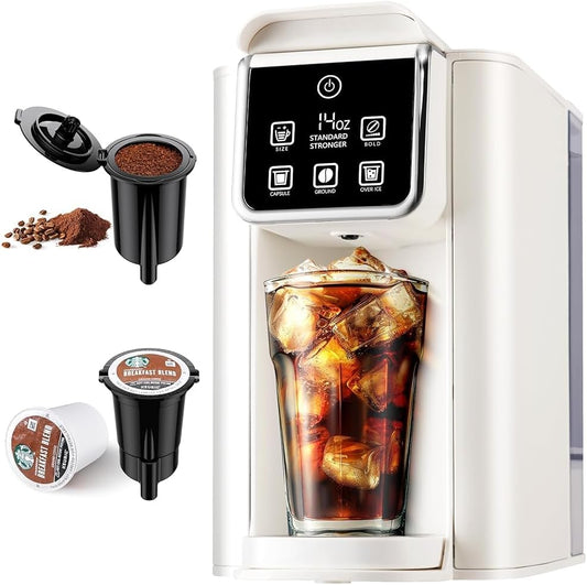 Hot & Iced Coffee Maker with Bold Setting, Single Serve Coffee Maker for K Cup and Grounds, 6-14 Oz Brew Sizes, 50 Oz Removable Water Tank, One Cup Coffee Machine with Reusable Filter, White