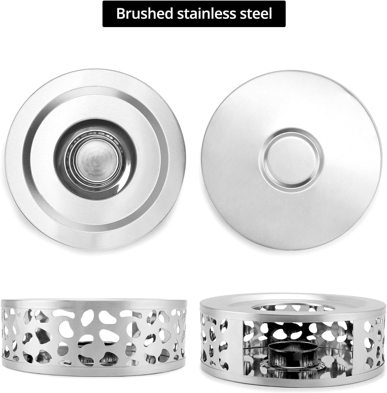 QWORK Tea Kettle Warmer, 4 Pack Brushed Stainless Steel Kettle, Hollow Frame, with Tea Candle Holder, Fits Most Teapots, Silver