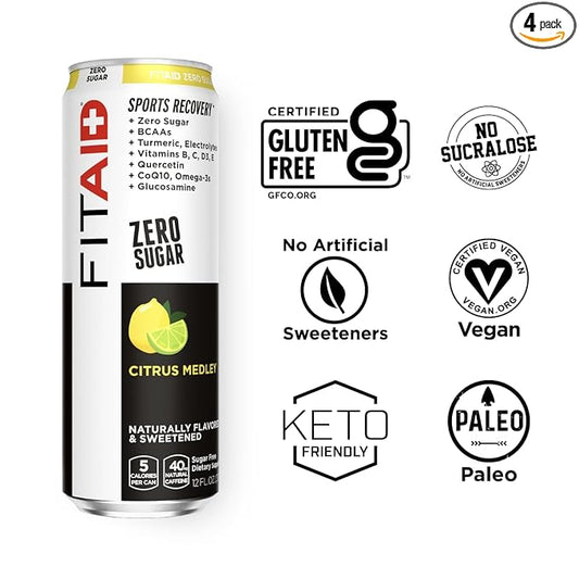 FITAID ZERO, Keto-Friendly, Number 1 Post-Workout Recovery Drink, Contains Zero Sugar, BCAAs, Glucosamine, Green Tea, 5 Calories, 12 Fl Oz (Pack of 4)