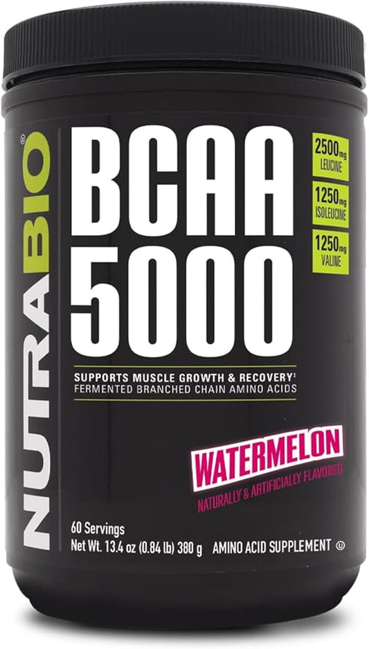 NutraBio BCAA 5000 Powder - Vegan Fermented BCAAs - Supports Lean Muscle Growth, Recovery, Endurance - 60 Servings - Watermelon