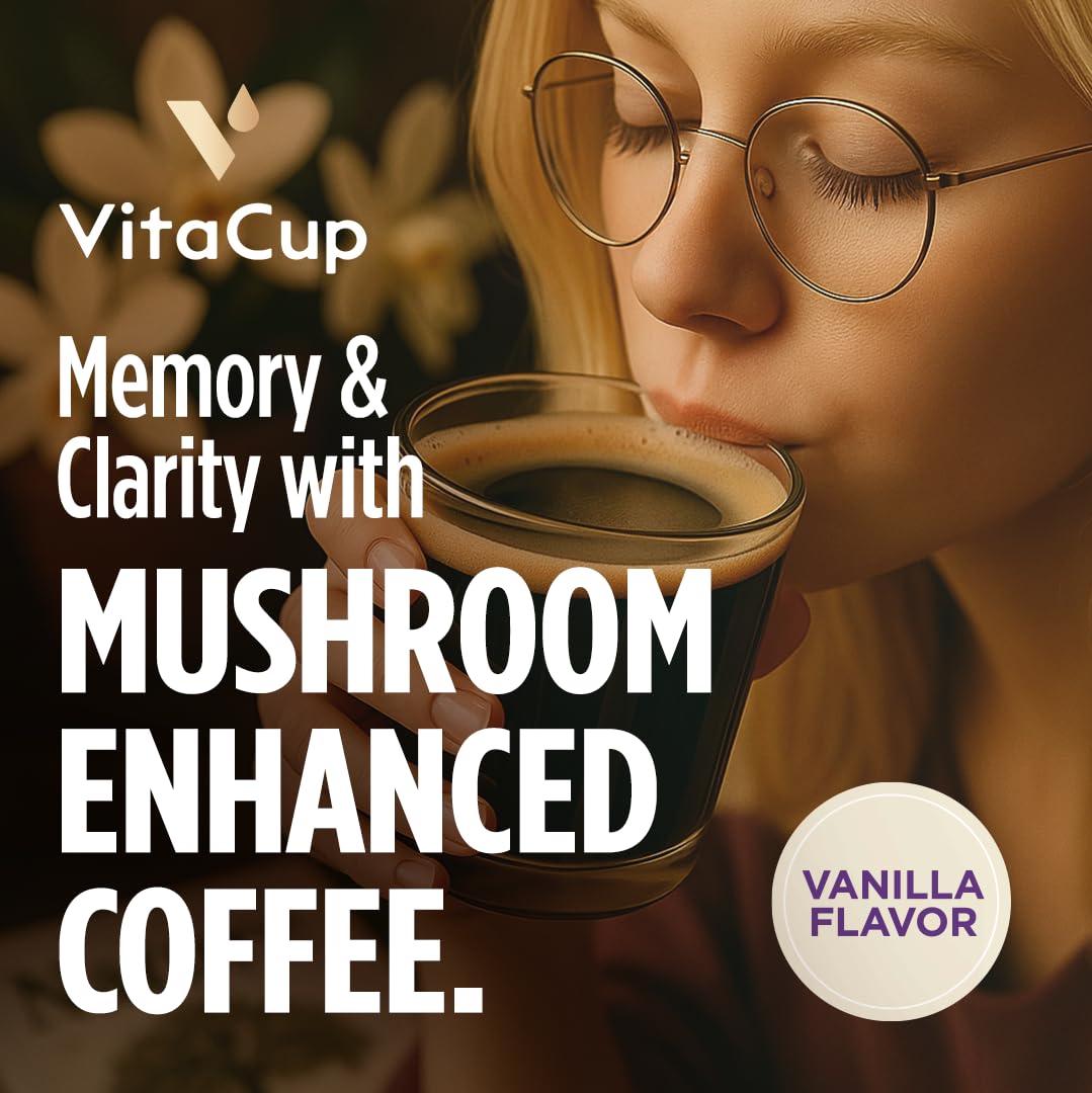 VitaCup Focus Mushroom Coffee Grounds, Vanilla Flavored Coffee with Lions Mane, Chaga, B Vitamins, D3, Boost Focus, Immunity, Memory & Clarity, Medium Dark Roast, 100% Arabica Specialty, 2 bags, 10 oz each