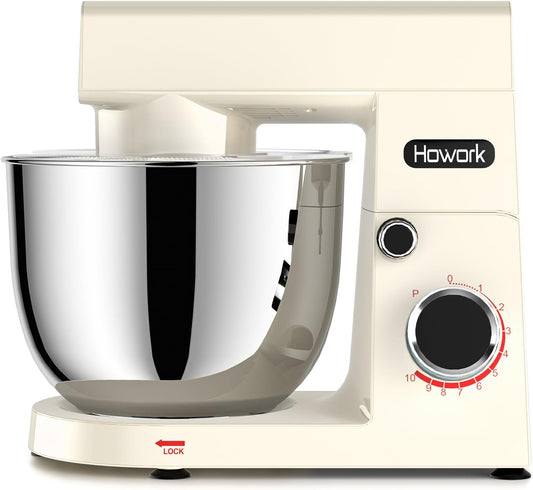 HOWORK Stand Mixer,10+p Speeds With 5.5QT Stainless Steel Bowl,Dough Hook, Wire Whip & Beater,for Most Home Cooks,Cream White