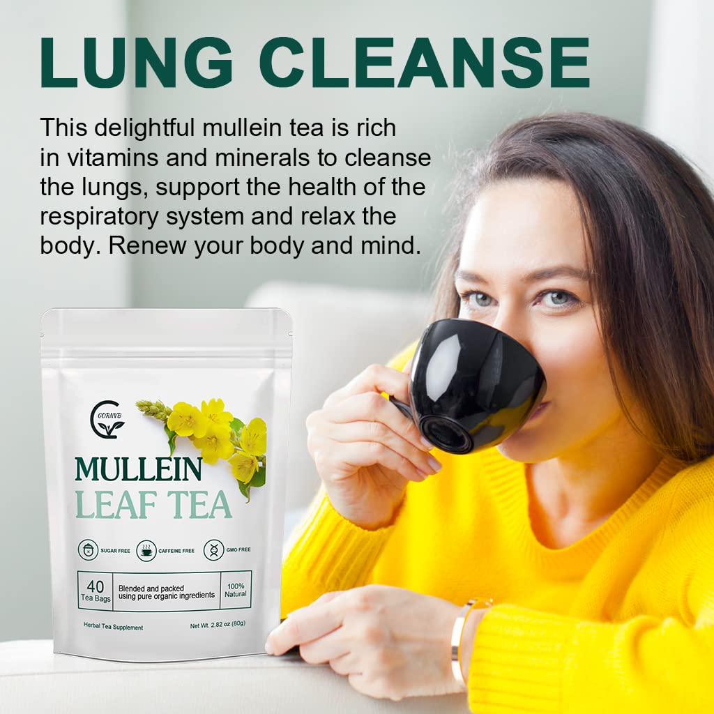 Mullein Leaf Tea Bags - Lungs Cleanse and Respiratory Support, Herbal Teas, Caffeine Free, 40 Tea Bags