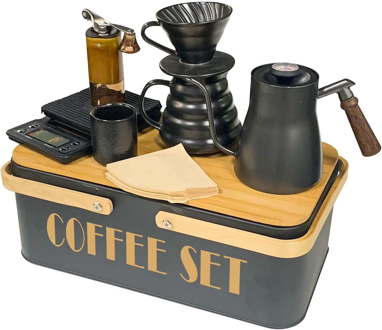 SOTECH Pour Over Coffee Maker Set Coffee Kettle Scale Ceramic Server Ceramic Dripping Cup Bean Grinder Filter Paper Ceramic Cup ALL in 1 Portable Metal Box for Traveling