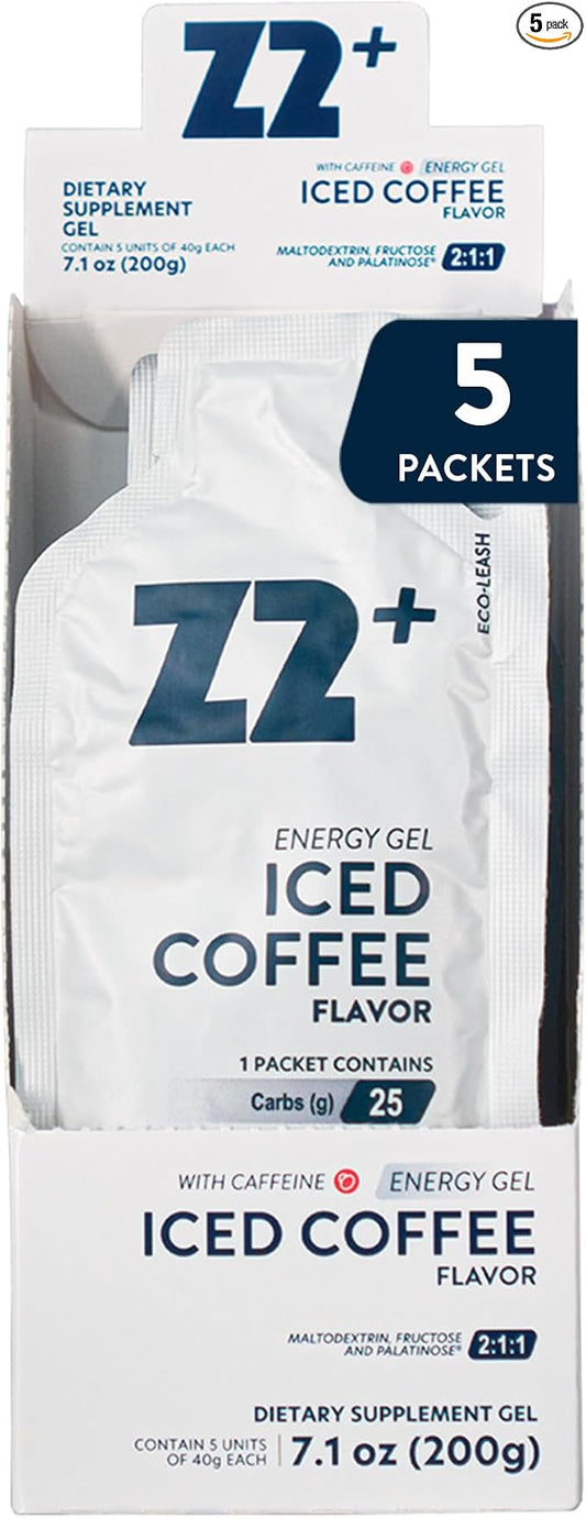 Z2 Iced Coffee Energy Gel Performance - 25g Carb, 158mg Sodium, 100mg Caffeine, 500mg Taurine, Electrolytes, Pre & During Workout, Boosts Endurance - 5-Count Pack