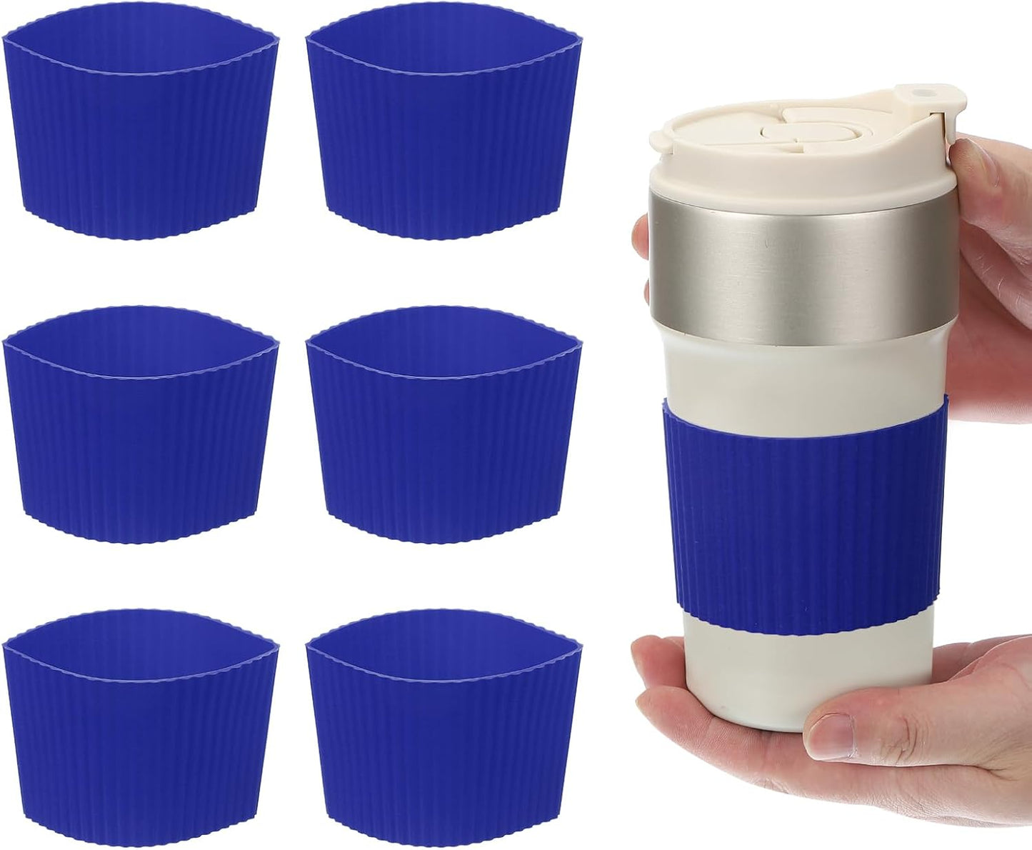 uxcell 6Pack Coffee Cup Sleeves, Reusable Silicone Heat Resistant Cup Protective Sleeve Nonslip Mug Protector Cover for Home Travel Coffee Mug Glasses Water Bottle Boots, Dark Blue
