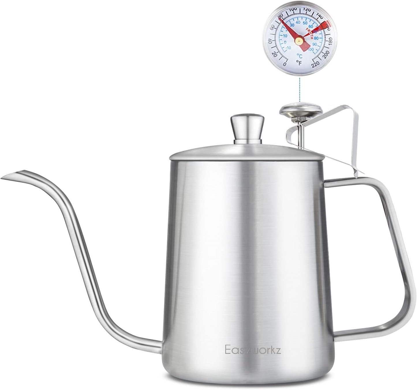 Easyworkz Gage Gooseneck Pour Over Coffee Kettle 20 oz with Thermometer Stainless Steel Hand Drip Coffee Pot With Long Narrow Spout, Silver