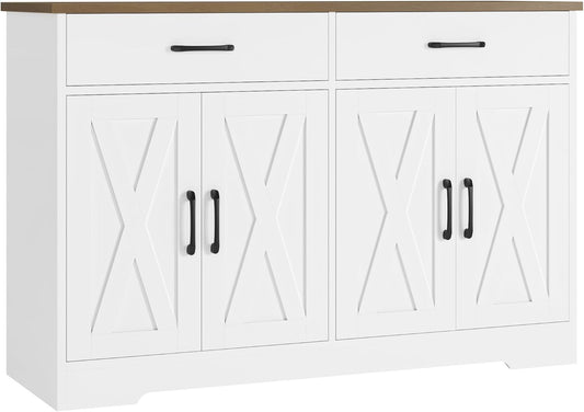 HOSTACK Buffet Cabinet with Storage, 47.2" Kitchen Sideboard Buffet with Drawers, Modern Farmhouse Coffee Bar Station with Shelves, Barn Doors Storage Cabinet for Living Room, White/Rustic Brown