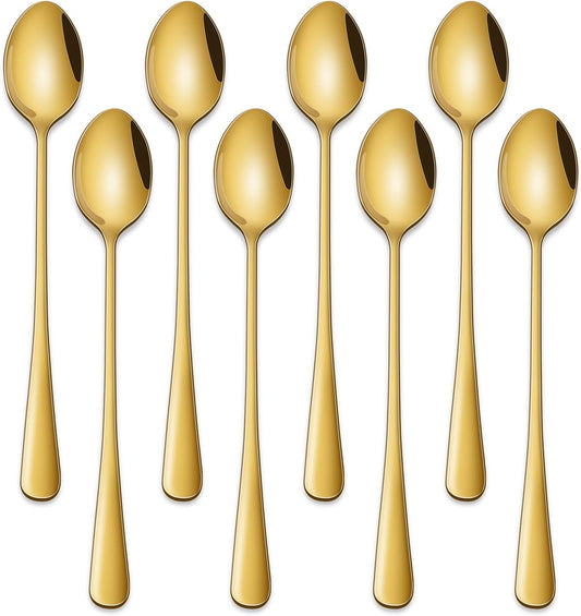 Gold 7.5 Inch Gold Iced Tea Spoons,Set Of 8 Stainless Steel Long Coffee Spoons,Long Handle Stirring Spoon For Dessert,Coctails,Ice Cream,Milk,Iced Teaspoons For Bar