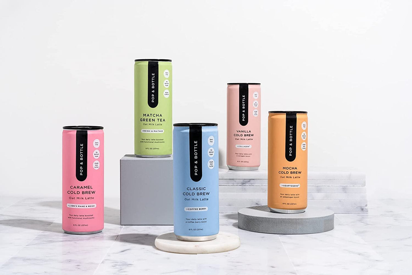 Pop & Bottle, Oat Milk Lattes - Maca, Antioxidants, Ashwagandha, MCT Oil, Collagen, Mushrooms, Organic, Dairy & Gluten Free, Great as Iced Coffee, Lightly Sweetened with Dates - 8 Fl Oz (5 Pack)