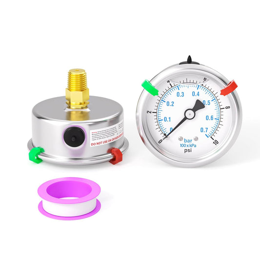 0-10PSI Stainless Steel Liquid Filled Pressure Gauge, 2.5" Dial Size, 1/4" NPT Back Mount, for Tube, Water Pump, Gas, Liquid, Pressure Test (with Range Mark Pointer)