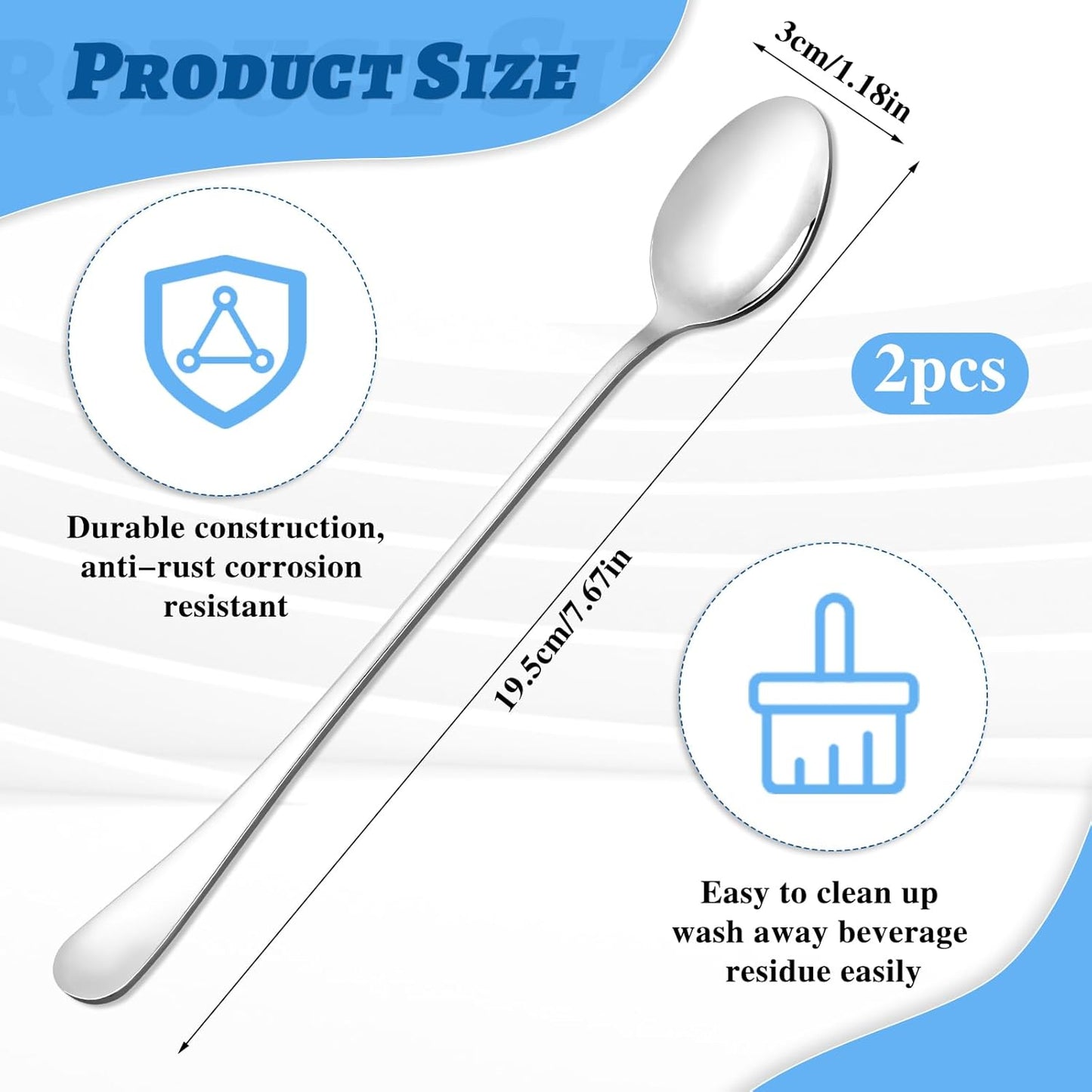 2 PCS Ice Tea Spoons Long Stainless Steel Teaspoons for Stirring Ice Cream Spoons Drink Mixing Spoon Long Silver Coffee Cocktail Mixing Spoon for Dessert Shakes