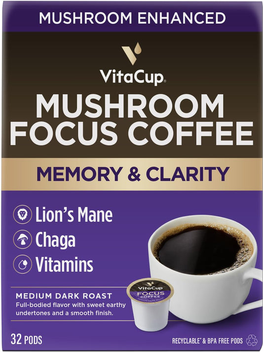 VitaCup Focus Mushroom Coffee Pods, Boost Focus & Immunity w/Lions Mane, Chaga, B Vitamins, D3 for Memory & Clarity, Medium Roast, Recyclable Single Serve Pod Compatible w/Keurig K-Cup Brewers,32 Ct