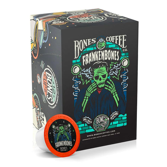 Bones Coffee Company Frankenbones, Hazelnut Chocolate Flavored Coffee Pods, Low Acid Medium Roast Single-Serve Bones Cups, Compatible with 1.0 & 2.0 K-Cups Brewers Coffee Maker, 12 Count