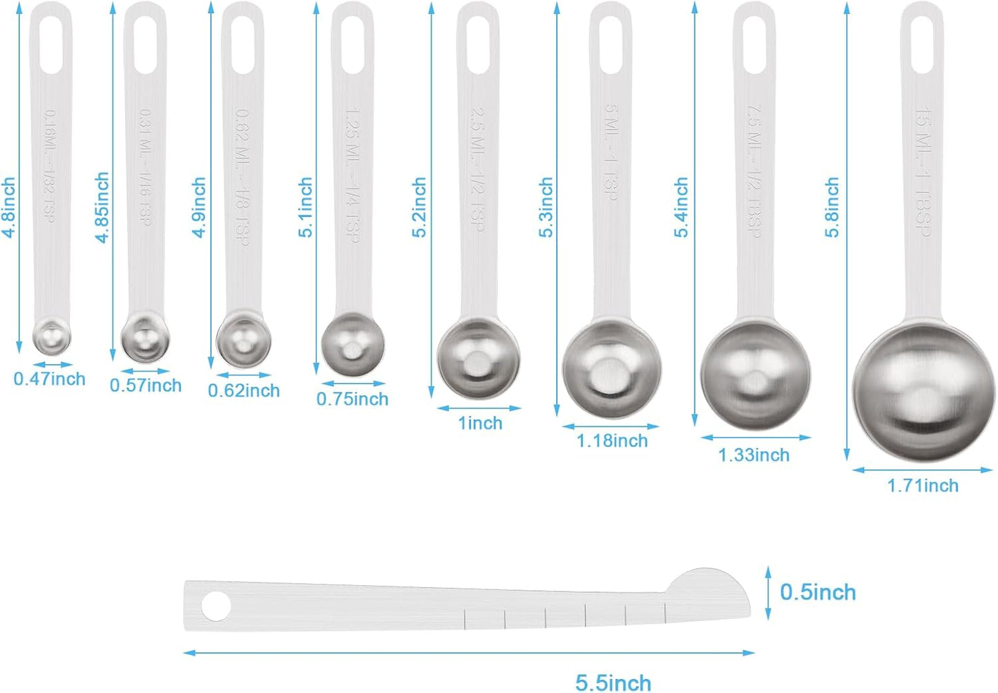 Upgrade 9 PCS Stainless Steel Measuring Spoons Set, Small Tablespoon, Teaspoons, Set 8 with Bonus Leveler for Dry and Liquid, Fits in Spice Jars, 1/32 1/16 1/8 1/4 1/2 1 tsp, 1/2 1 tbsp