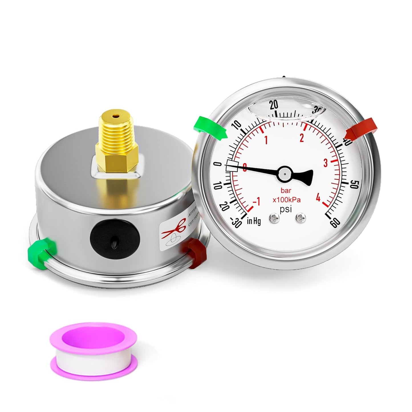 -30inHG-60PSI Stainless Steel Glycerin Liquid Filled Vacuum Pressure Gauge 2.5" Dial Size, 1/4" NPT Back Mount, for Water, Oil and Air Pressure Testing (with Range Mark Pointer)
