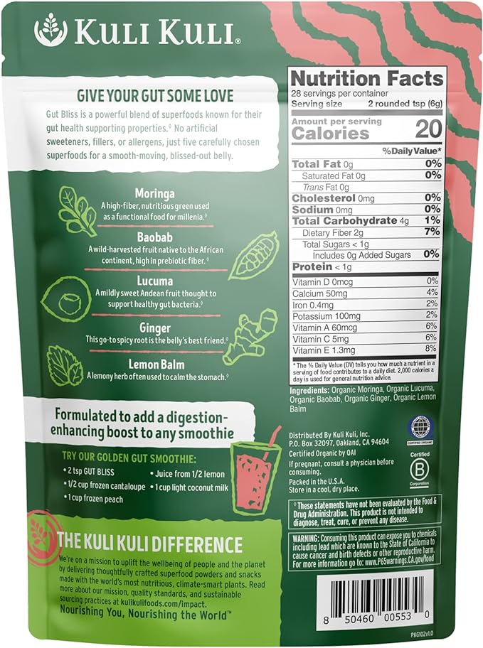 Kuli Kuli Gut Bliss Superfood Powder [6 oz] - Powerful Blend of Organic Moringa, Baobab, Lucuma, Ginger and Lemon Balm - Promote Digestion, Soothe the Stomach and Boost Gut Health