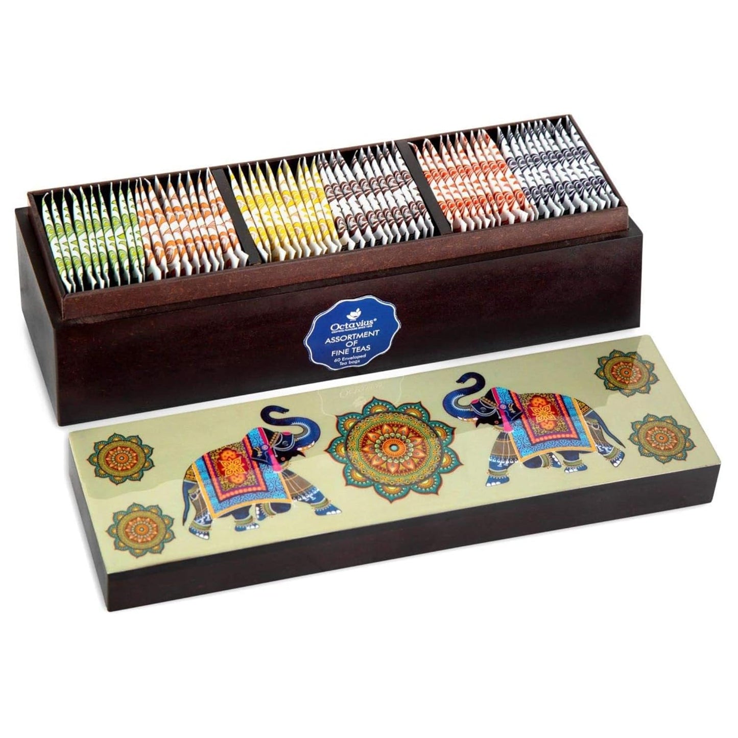 Octavius Gift's Select - Assorted Tea in Elephant Printed Wooden Box | 6 Flavors Black & Green, 60 Tea Bags | | Tea Gifts for Teas Lovers