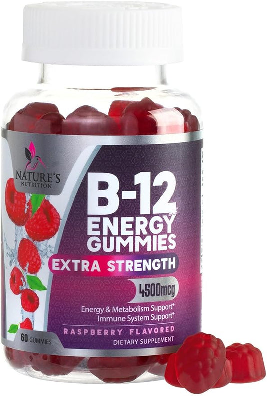 Vitamin B12 Energy Gummies - Extra Strength 4500mcg Chewable for Energy & Nervous System Health Support, B-12 Complex Gummy Vitamin for Women, Men, Kids - Non-GMO, Vegan, Berry Flavor - 60 Gummies