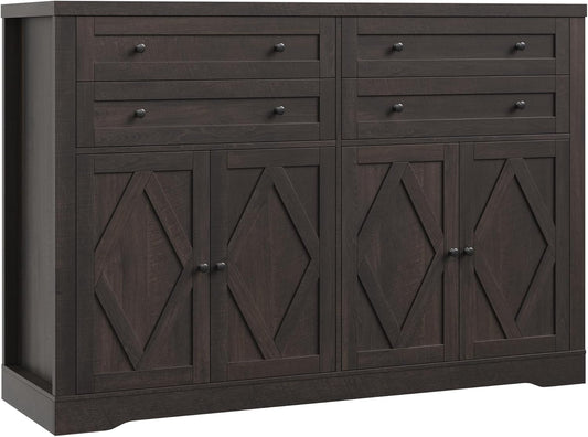HOSTACK 55" Coffee Bar with 4 Large Drawers, 40" Tall Buffet Cabinet with Storage, Kitchen Storage Cabinet, Modern Farmhouse Sideboard Buffet, Adjustable Shelves for Living Room, Dark Brown