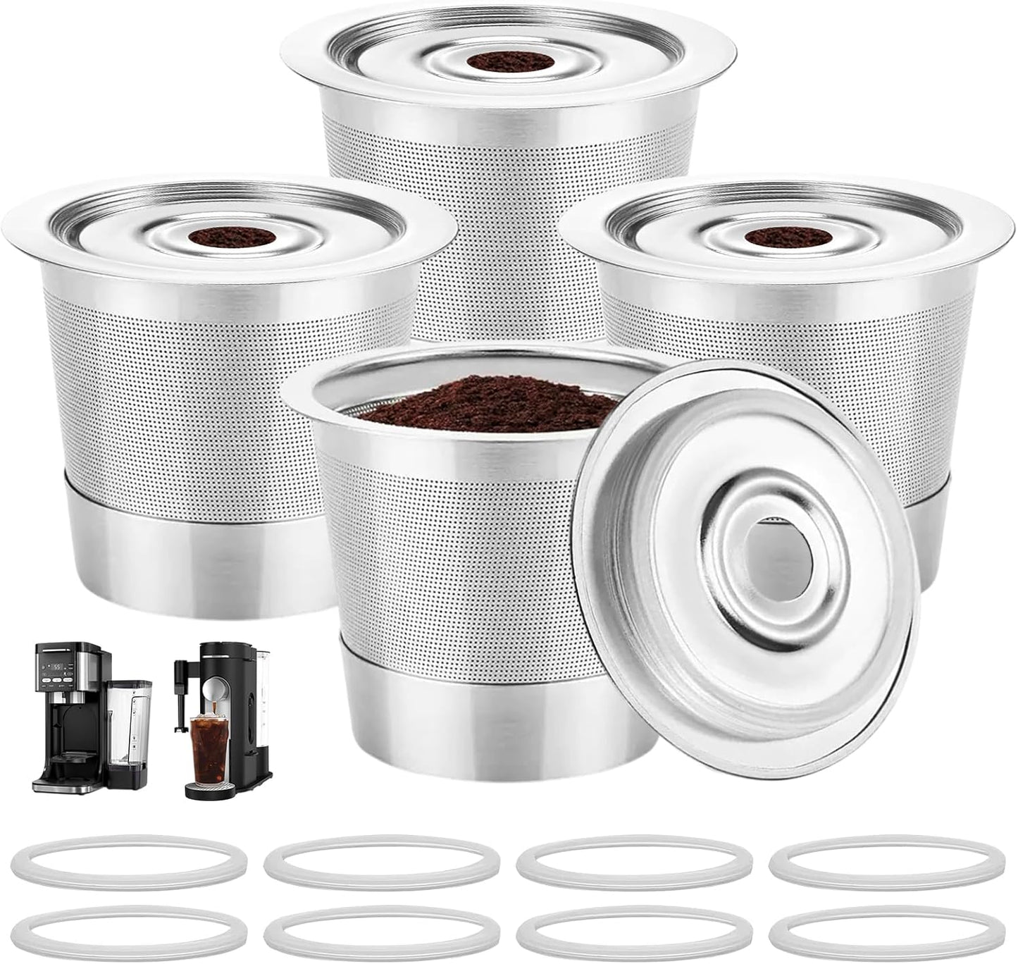 Reusable K Cups Compatible with Ninja Pods and Grounds Coffee Maker, Stainless Steel K Cup for Ninja Dual Brew CFP101 & Ninja Single-Serve PB051/PB041, Reusable Coffee Filter Pods Accessories (4 Pack)